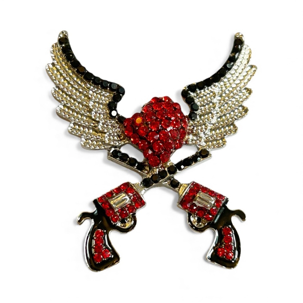 RHINESTONE PISTOL ANGEL WINGS HEART HUGE CHUNKY MAGNETIC PENDANT